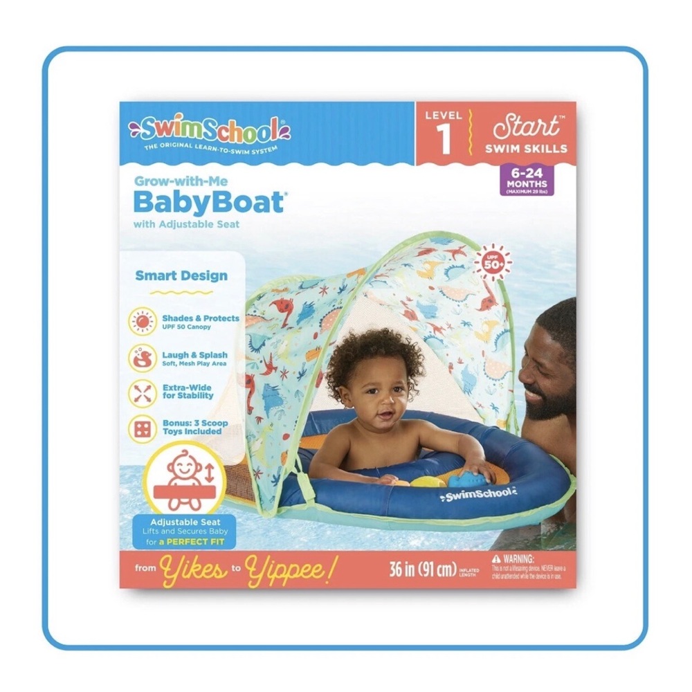 Swim School Dino School Float, Grow-With-Me Baby Boat, Ages 6-24 Months Pool Toy